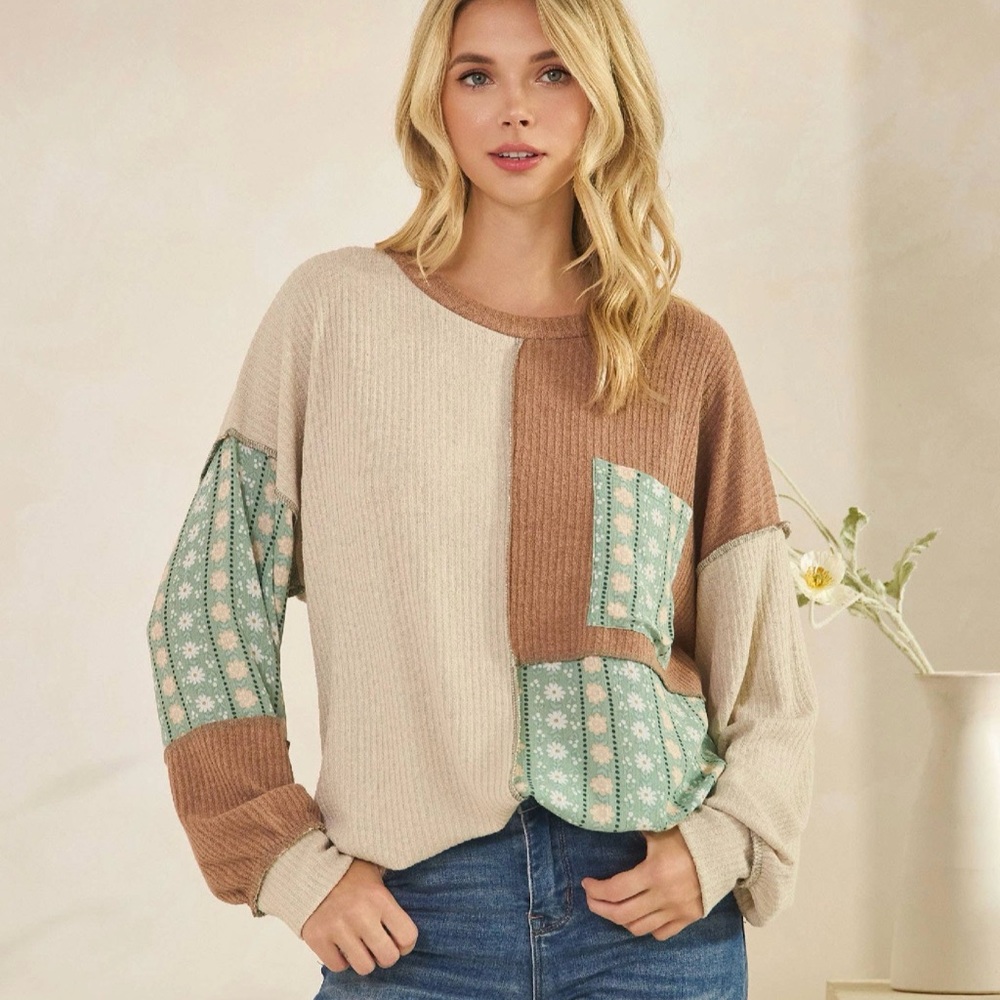 7th Ray Beige Tan and Mint Patchwork Long Sleeve Top
